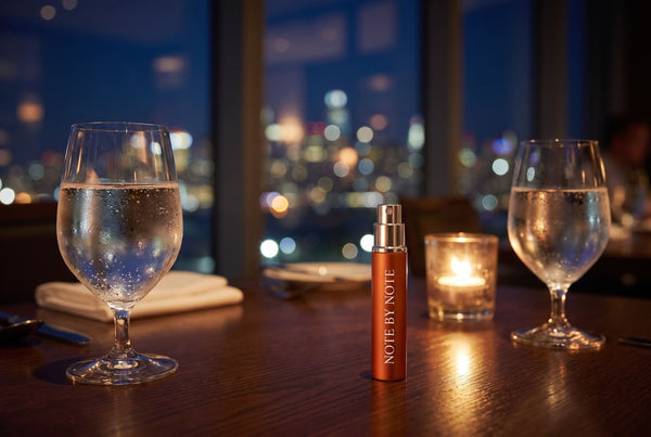 Note by Note travel spray on a candlelit dinner table with a city skyline at night