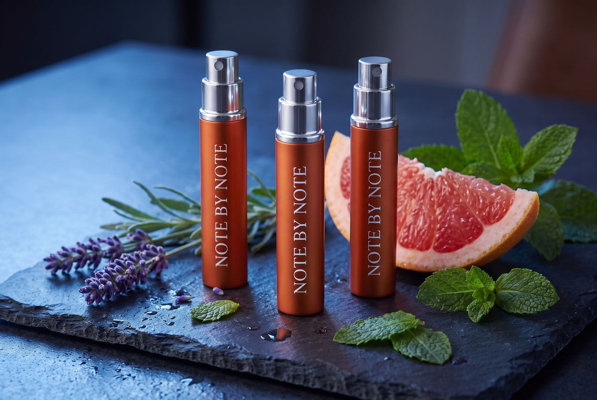 Three Note by Note travel sprays with lavender, grapefruit and mint on slate