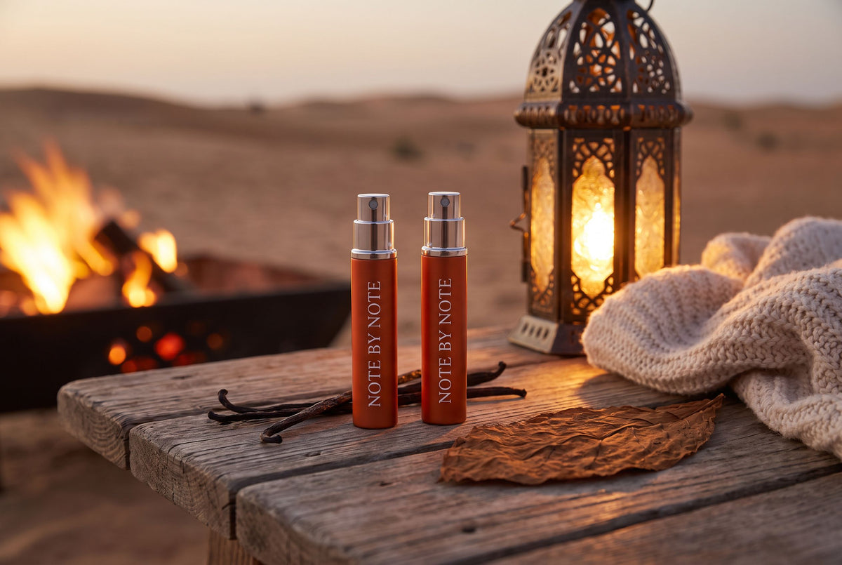Note by Note travel sprays on a wooden table in the desert at dusk with a lantern and vanilla pods
