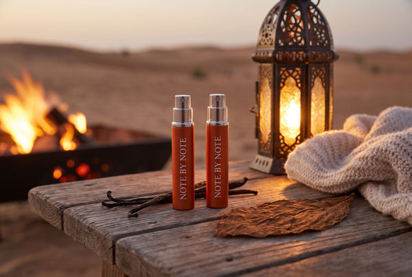 Note by Note travel sprays on a wooden table in the desert at dusk with a lantern and vanilla pods