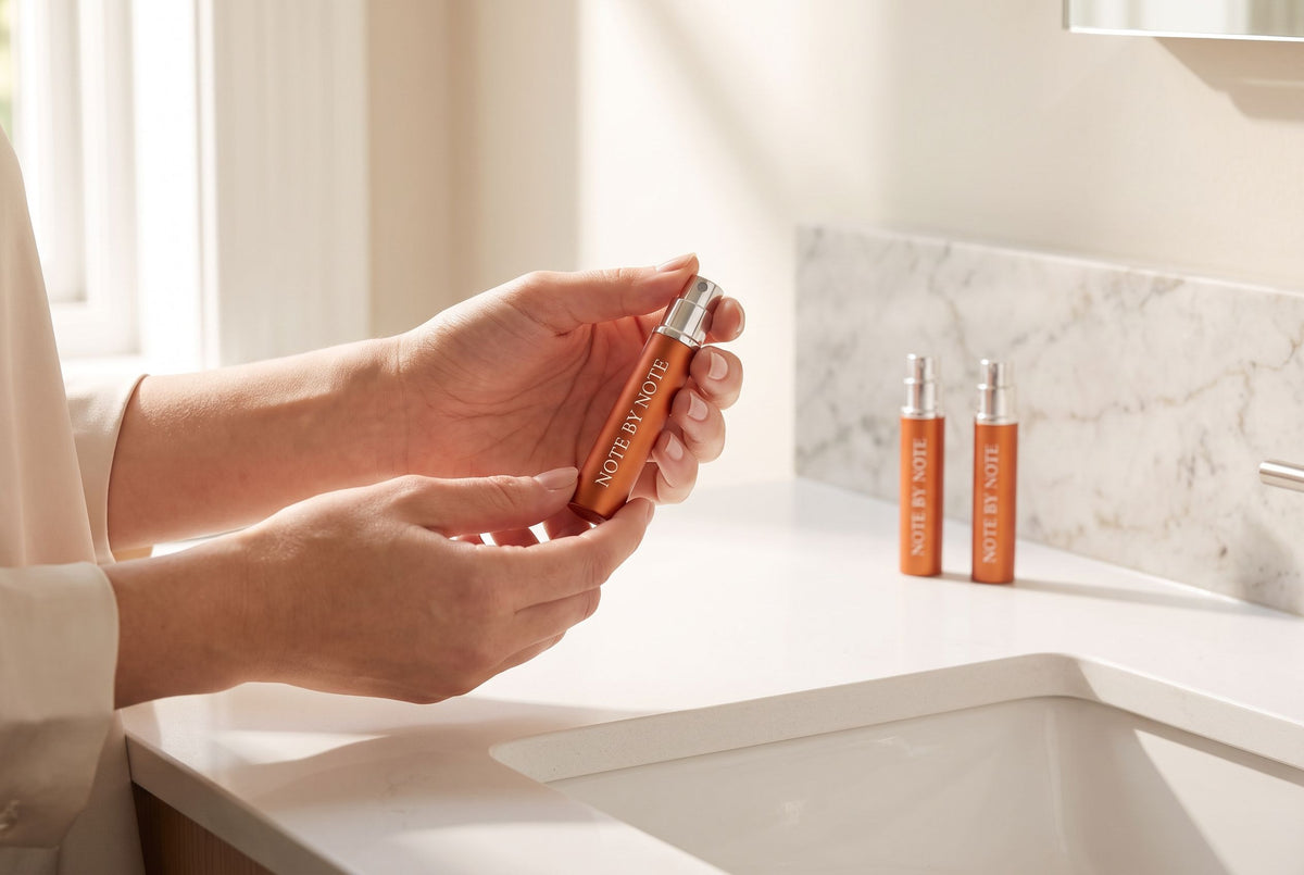 Hands holding a Note by Note travel spray decant at a bathroom vanity
