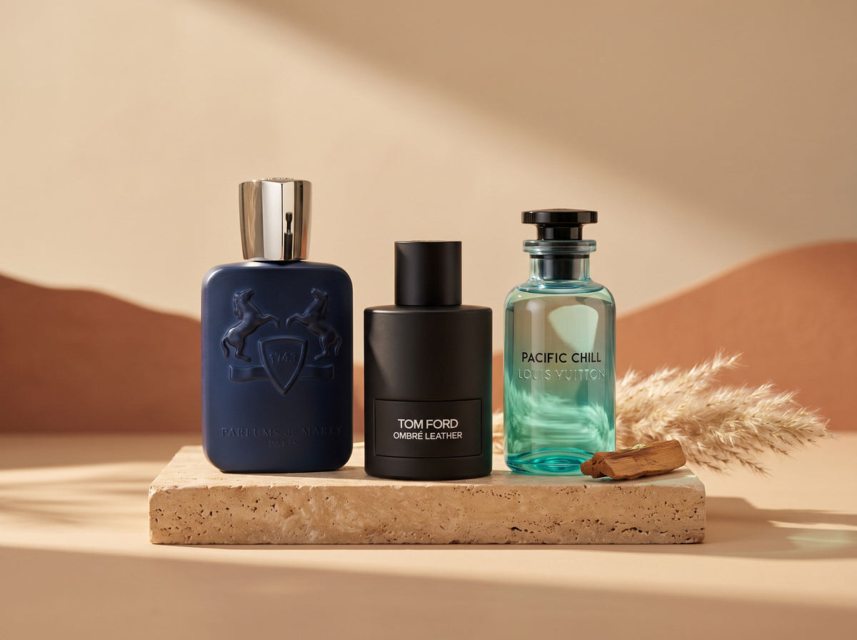 Unisex perfume samples: Parfums de Marly Layton, Tom Ford Ombre Leather and Louis Vuitton Pacific Chill
