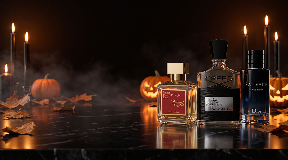 Baccarat Rouge 540, Creed Aventus and Dior Sauvage on black marble with candles and pumpkins