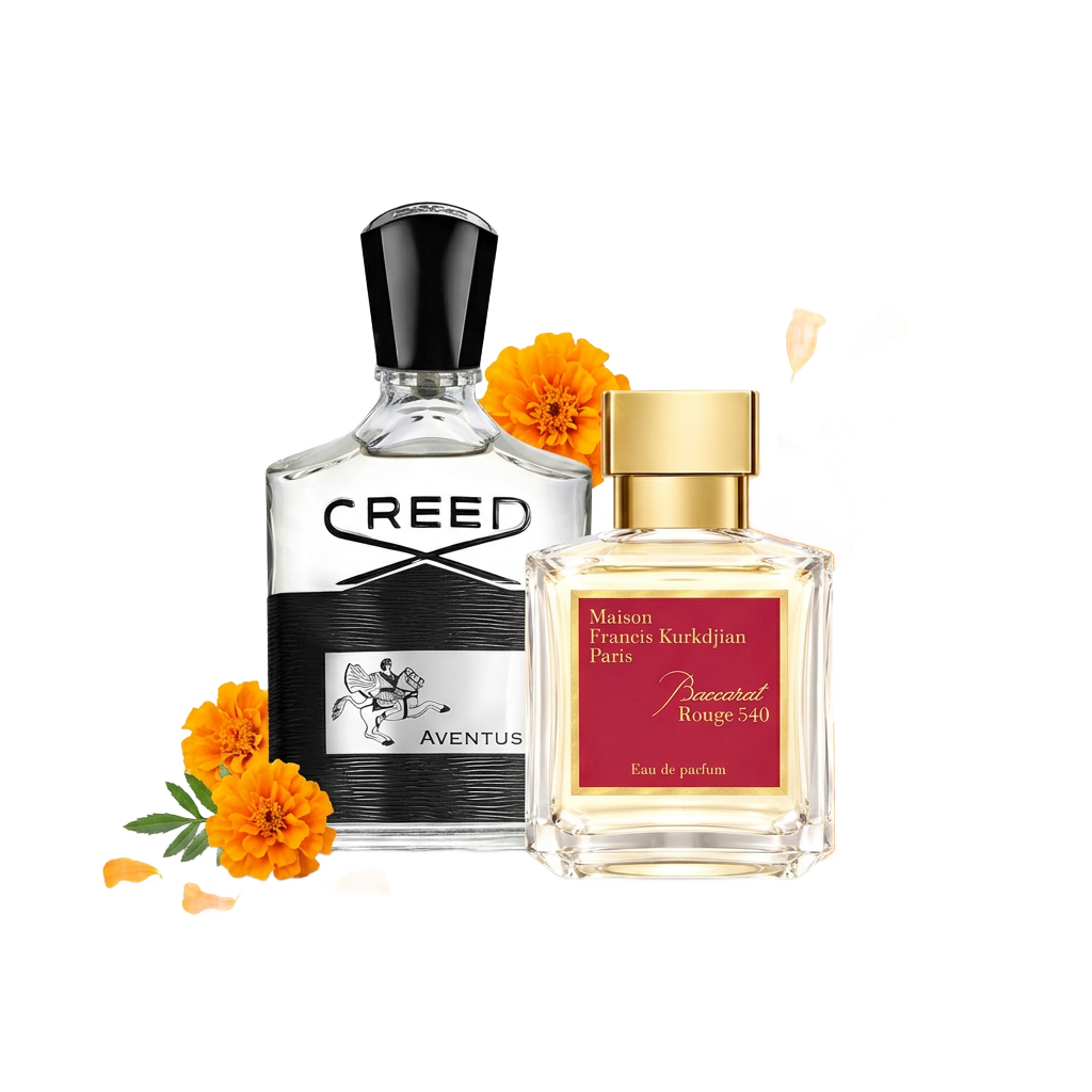 Creed Aventus and Baccarat Rouge 540 bottles with marigold flowers