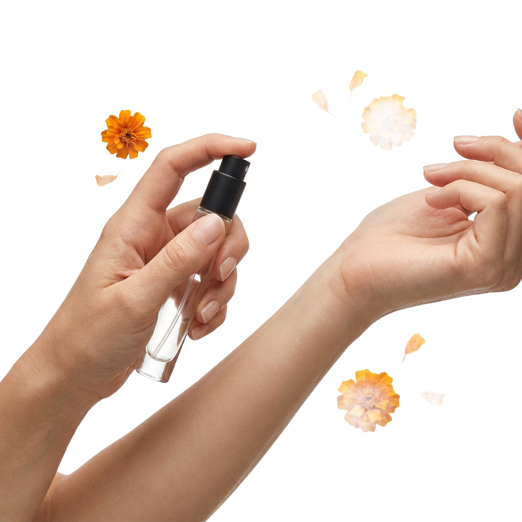 Spraying a travel atomiser on the wrist, with marigold flowers